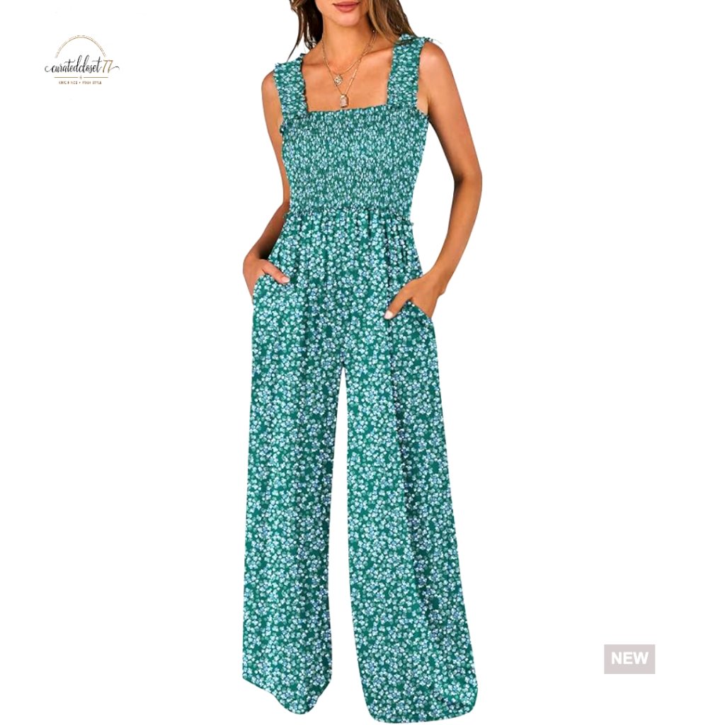 Sleeveless Wide Leg Jumpsuit With Pockets, Smocked Top, Square Neck